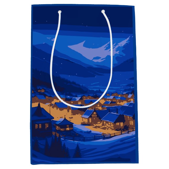 Retro Village Mountain Blue Gold Landscape  Medium Gift Bag (Front)