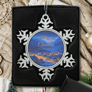 Retro Village Mountain Blue Gold Landscape Snowflake Pewter Christmas Ornament