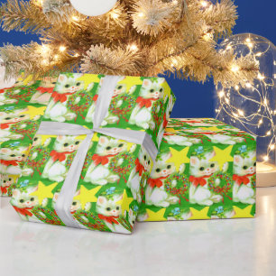 Retro vintae Christmas cat tiled party Wrapping Paper