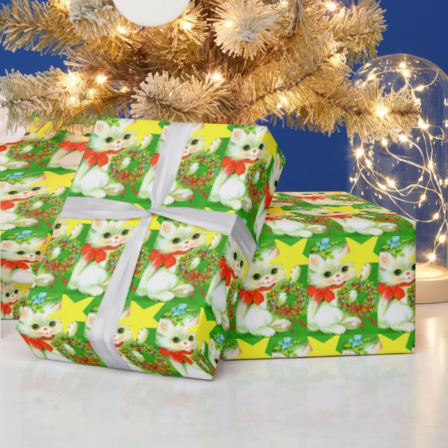 Retro vintae Christmas cat tiled party Wrapping Paper (Holidays)
