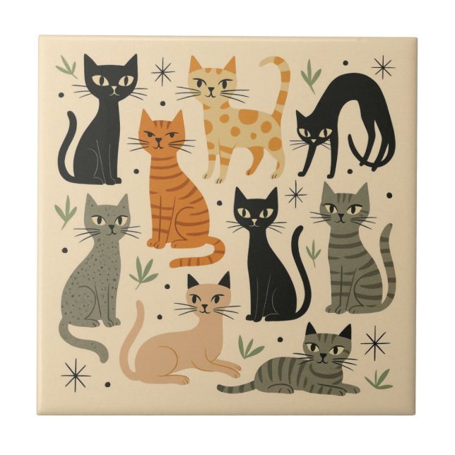 Retro Vintage 1950s Cat Pattern Tile (Front)