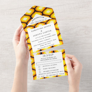 Retro Vintage 1960s 1970s Colourful Pattern Weddin All In One Invitation