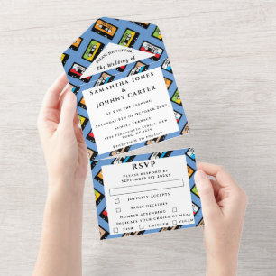 Retro Vintage 1980s Cassette Pattern Wedding All In One Invitation