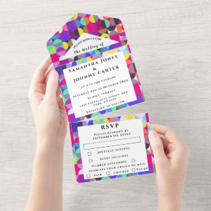 Retro Vintage 1980s Colourful Pattern Wedding All In One Invitation