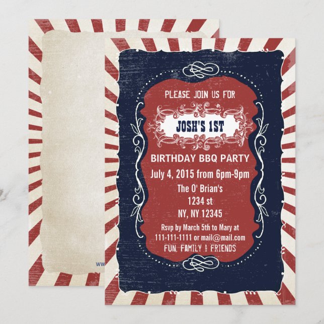 Retro Vintage 4th of july birthday invitations (Front/Back)