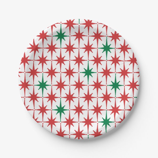 Retro Vintage 50s Christmas Stars Pattern Paper Plate (Front)