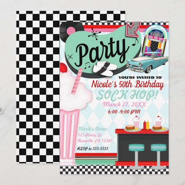 Retro Vintage 50's Fifties Diner Birthday Party Invitation (Front/Back)