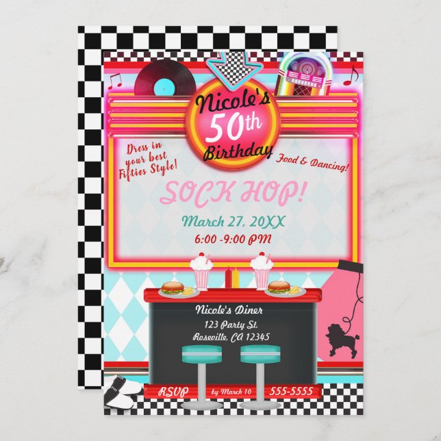 Retro Vintage 50's Fifties Diner Birthday Party Invitation (Front/Back)