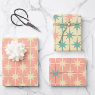 Retro Vintage 50s Star Pattern Blush Pink and Mint Wrapping Paper Sheet