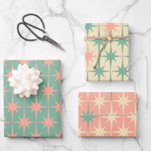 Retro Vintage 50s Star Patterns in Mint Blush Wrapping Paper Sheet