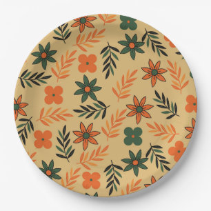 Retro Vintage 70s Floral Flower Leaves Pattern Paper Plate