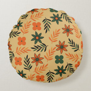 Retro Vintage 70s Floral Flower Leaves Pattern Round Cushion