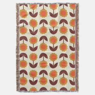 Retro Vintage 70s Floral Pattern Orange and Brown Throw Blanket