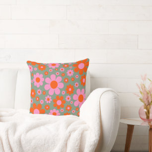 Retro Vintage 70s Floral Pattern Orange Pink Green Cushion