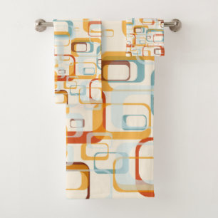 Retro Vintage 70s Pattern In Shades Of Orange Blue Bath Towel Set