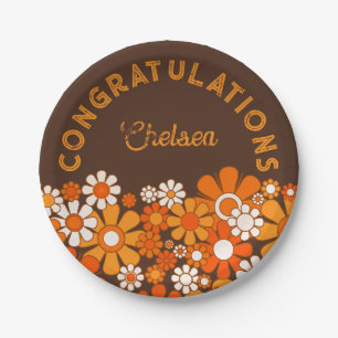 Retro Vintage 70s Personalised Floral Congrats Paper Plate