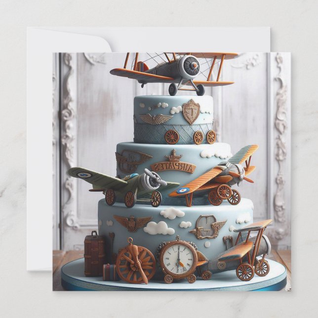 RETRO VINTAGE AIRPLANE THEMED BIRTHDAY CAKE  INVITATION (Front)