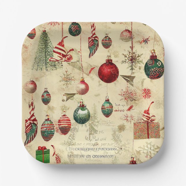 Retro Vintage Antique Christmas Ornaments  Paper Plate (Front)