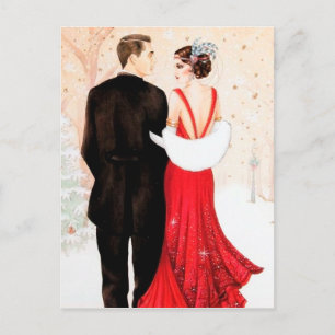 Retro vintage art deco Christmas couple Holiday Postcard