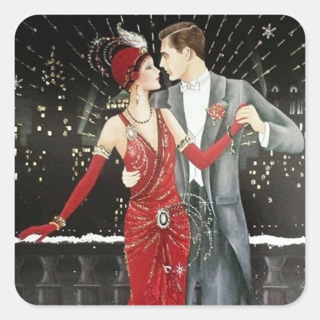 Retro vintage art deco Christmas couple Square Sticker (Front)