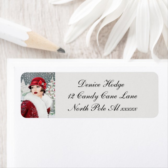 retro vintage Art Deco Christmas lady  Label (Insitu)