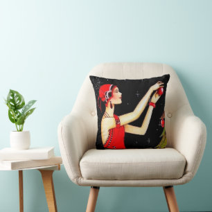 retro vintage art deco Christmas Throw Pillow
