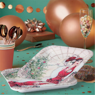 Retro vintage Art Deco Holiday lady Paper Plate
