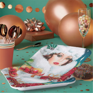 Retro vintage Art Deco Holiday lady Paper Plate