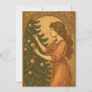 Retro Vintage Art Nouveau Christmas Tree Girl Holiday Card