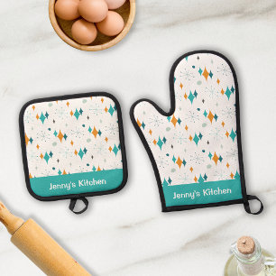 Retro Vintage Atomic Starburst Pattern Custom Name Oven Mitt & Pot Holder Set