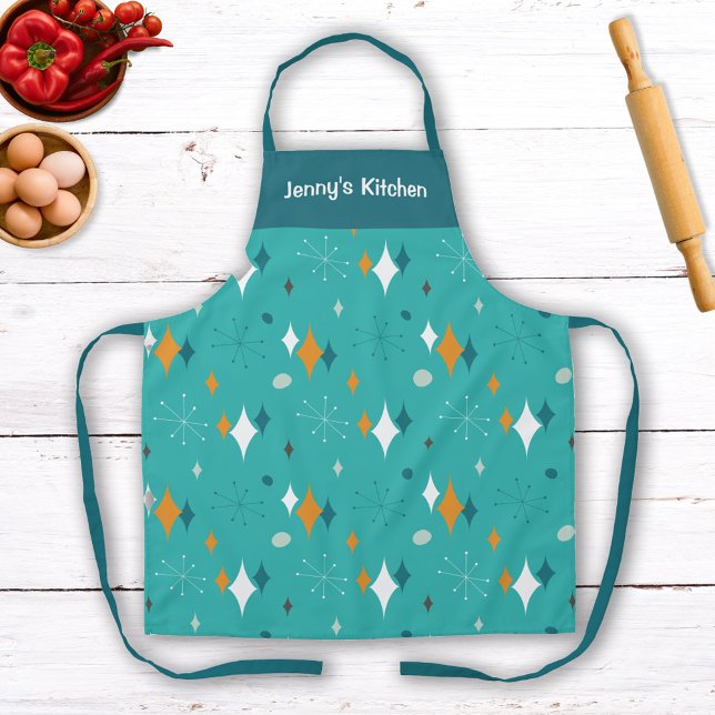 Retro Vintage Atomic Teal Starburst Pattern Name Apron (Creator Uploaded)