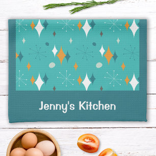 Retro Vintage Atomic Teal Starburst Pattern Name Tea Towel