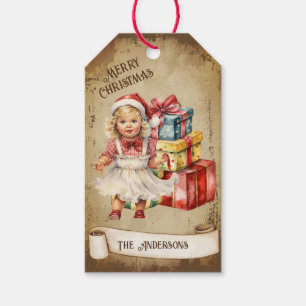 Retro Vintage Baby Girl Gift Boxes Merry Christmas Tags