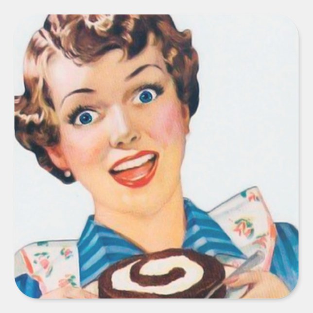 Retro vintage baking lady square sticker (Front)