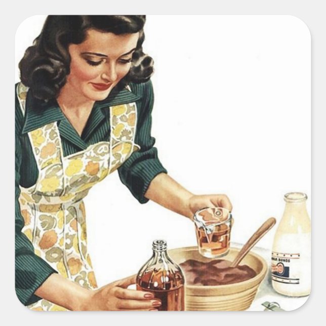 Retro vintage baking lady square sticker (Front)