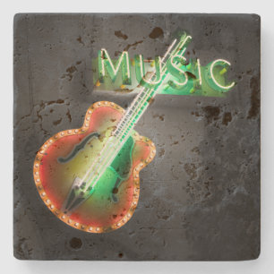 Retro Vintage Bass Guitar Music Neon Sign in Green Stone Coaster