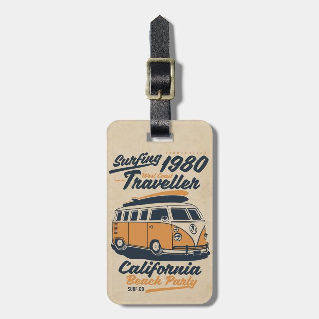 Retro Vintage Beach Surfing Poster Luggage Tag (Front Vertical)