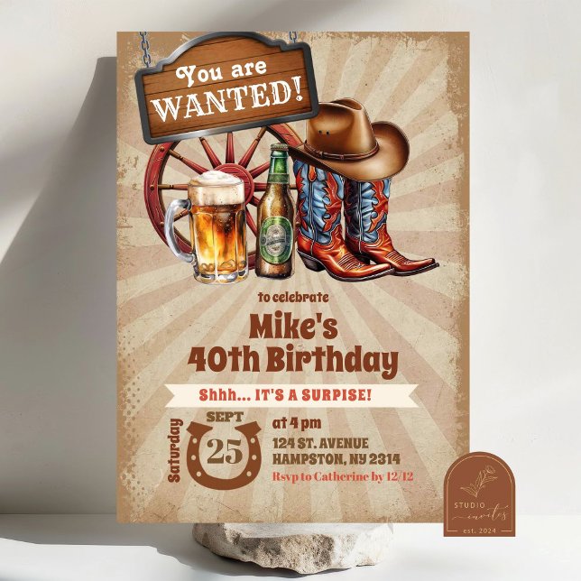 Retro Vintage Beers Boots Cowboy Adult Birthday Invitation (Creator Uploaded)