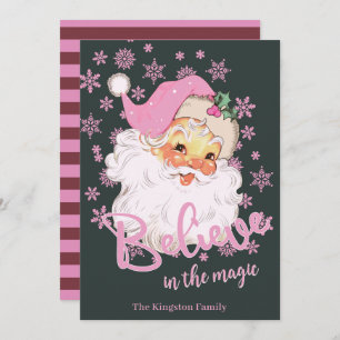 Retro Vintage Belive in the Magic Pink Santa  Holiday Card