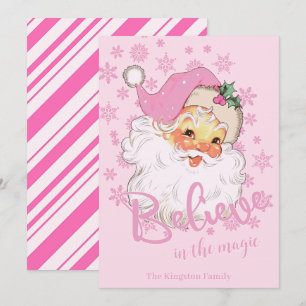 Retro Vintage Belive in the Magic Pink Santa Holiday Card