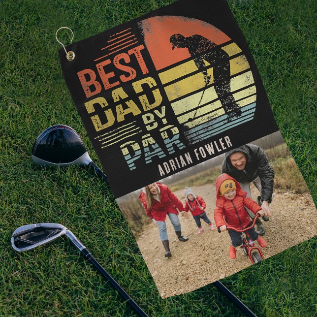 Retro Vintage Best Dad by Par Photo Custom Name Golf Towel (Creator Uploaded)