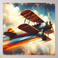 Retro Vintage Biplane Oil Painting
