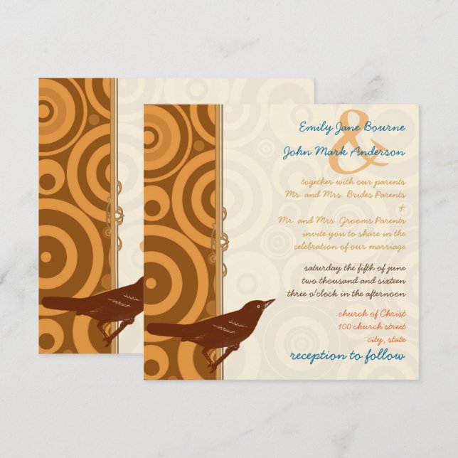 Retro Vintage Bird Orange Brown Circles Invites (Front/Back)