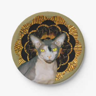 Retro Vintage Black Gold Beige Sphynx Cat Party Paper Plate