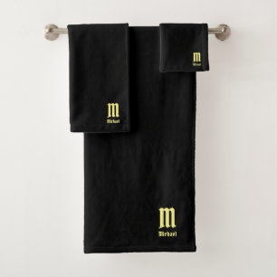 Retro Vintage Black&Gold Name Typography Monogram Bath Towel Set