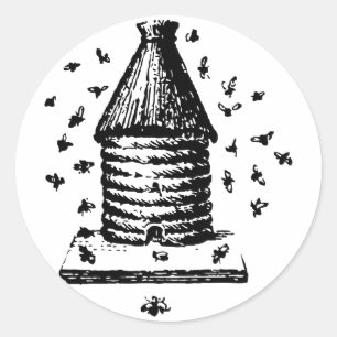 Retro Vintage Black & White Bee Hive & Bees Classic Round Sticker