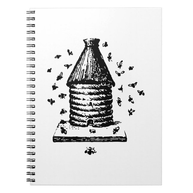 Retro Vintage Black & White Bee Hive & Bees Notebook (Front)