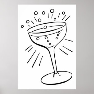 Retro Vintage Black & White Glass of Champagne Poster