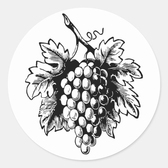 Retro Vintage Black & White Tasty Bunch of Grapes Classic Round Sticker