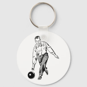 Retro Vintage Black & White Ten Pin Bowling Man Key Ring